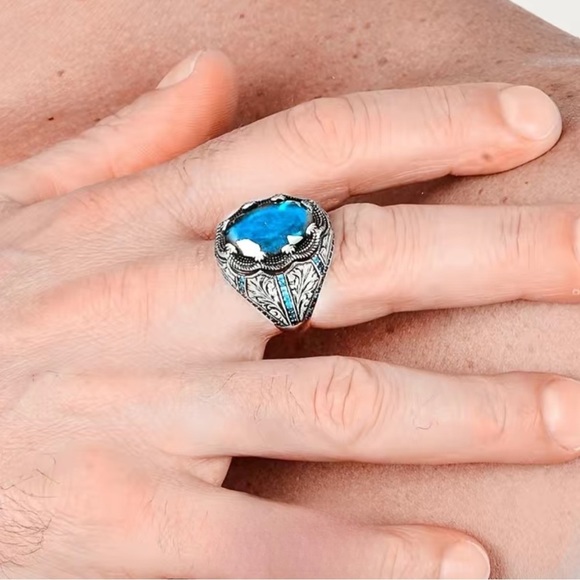 TERRA GEMMS Other - Blue Rhinestone Studded Silver Chunky Men's Ring
